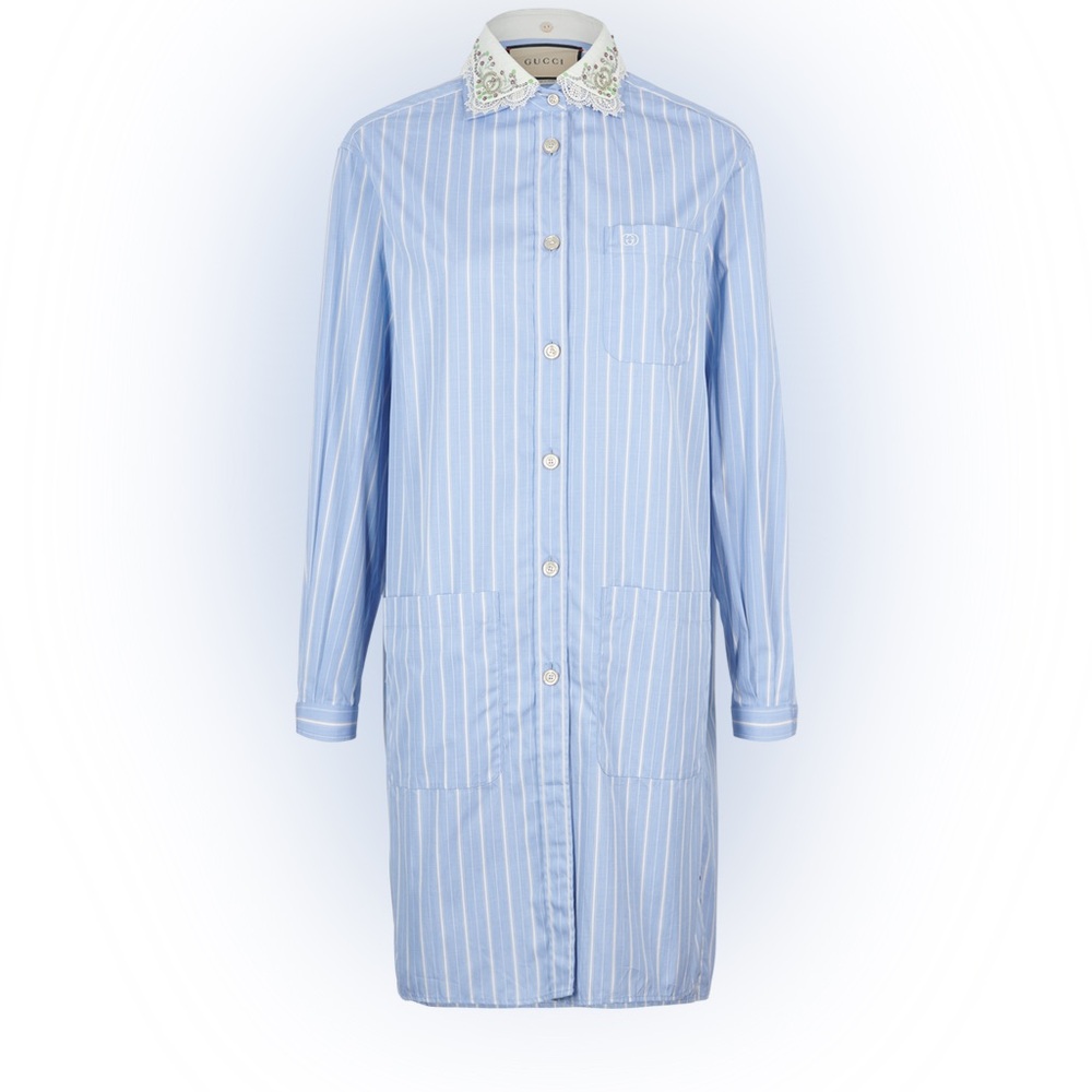 GUCCI EMBELLISHED COLLAR SHIRT DRESS Blue Striped Button-Up Shirt size M L 40